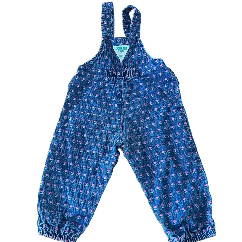 Vintage Oshkosh Girls Tulip Floral Embroidered Dark Wash Denim Overalls 12 mos